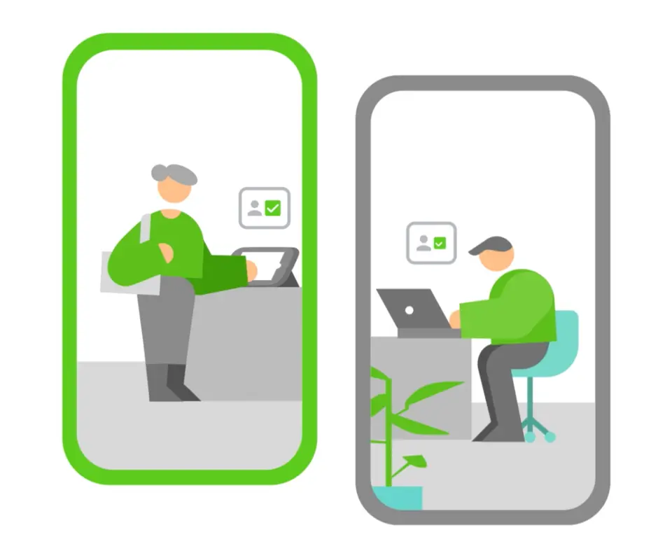 An illustration representing two people using two different devices to sign in